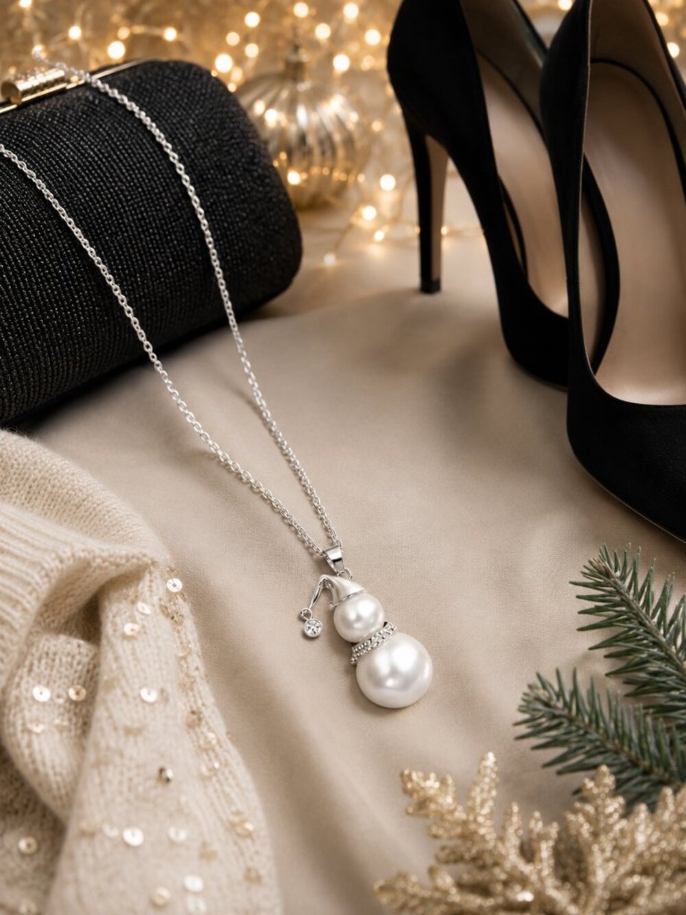 Holiday Snowman Pearl Silver Tone Rhinestone Pendant Necklace